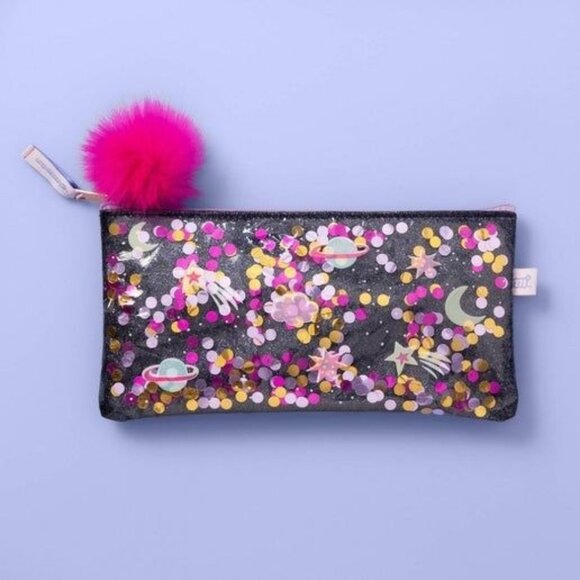 Cosmic Glitter Galaxy Pencil Pouch With Pink Pom Pom & Zipper Closure - Picture 1 of 1